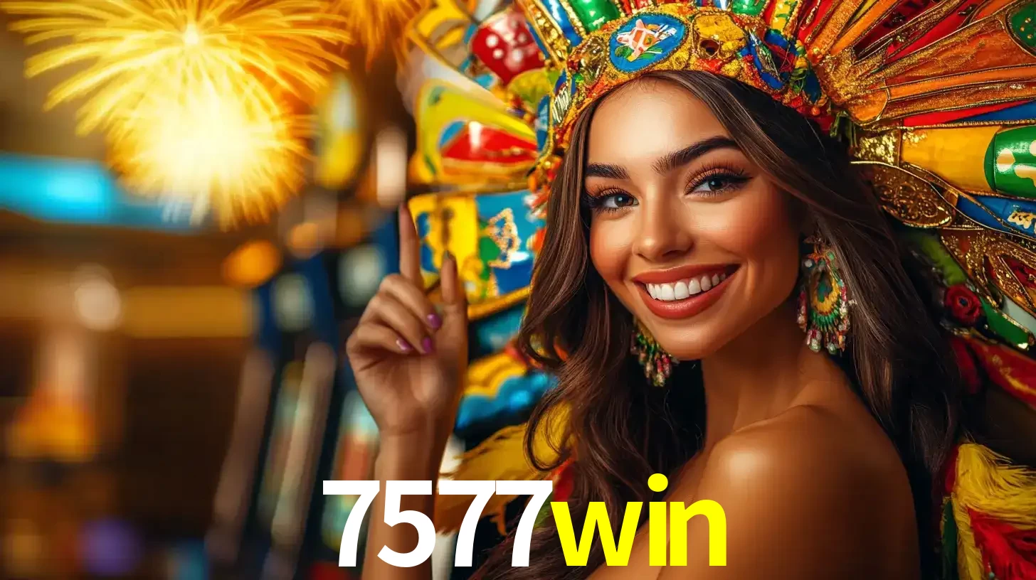 Mulher sorridente com um cocar de carnaval vibrante e colorido, celebrando uma grande vitória nos jogos do cassino 7577win com fogos de artifício ao fundo.