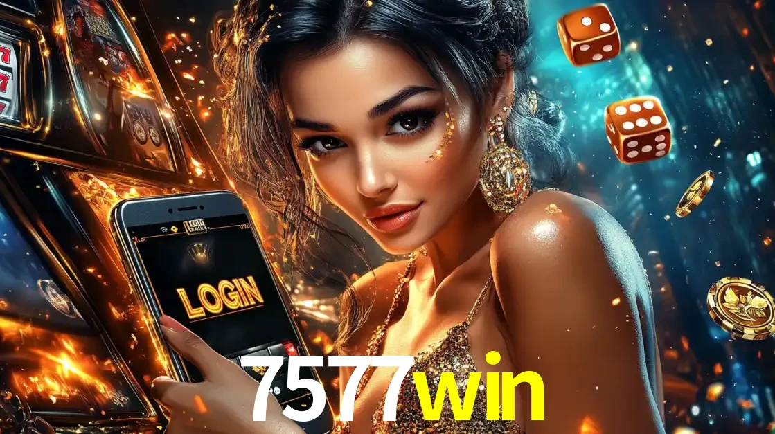 Mulher glamourosa segurando um celular com a tela de login do cassino 7577win, rodeada por dados e moedas douradas, pronta para começar a diversão.