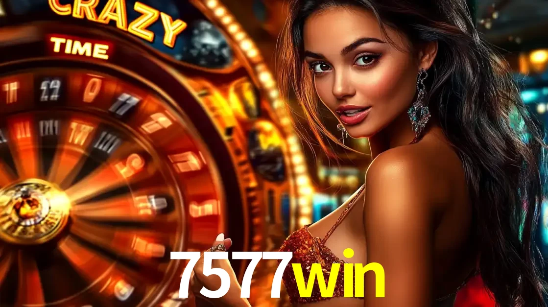 Mulher ao lado da roda de prêmios do jogo de cassino ao vivo Crazy Time, um dos shows de jogos mais emocionantes oferecidos pela plataforma de apostas 7577win.
