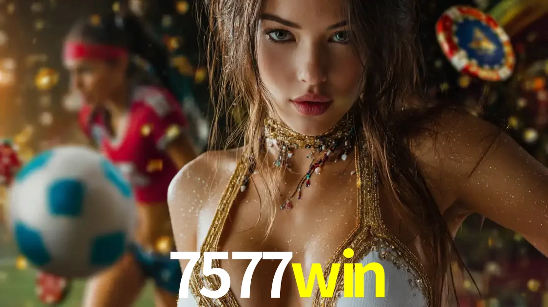 Mulher elegante representando a combinação de glamour e emoção das apostas esportivas, com uma jogadora de futebol ao fundo, destacando a ação no 7577win.