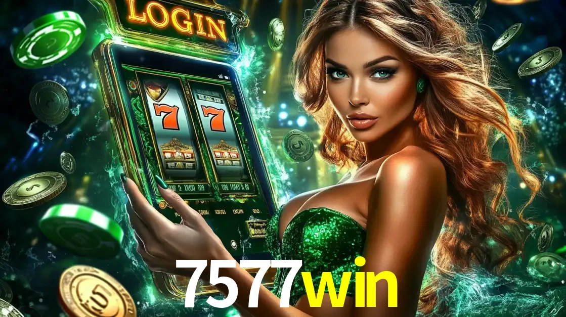 Mulher com tema verde apresentando o aplicativo do cassino 7577win com um jogo de slot de 777, cercada por fichas de cassino e uma aura de sorte.
