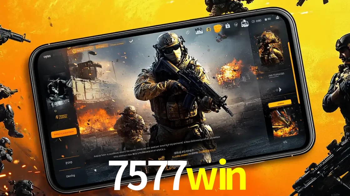 Um smartphone exibindo a interface de um jogo de tiro em primeira pessoa, com um soldado em um cenário de batalha, representando a ação dos e-sports para apostar no 7577win.