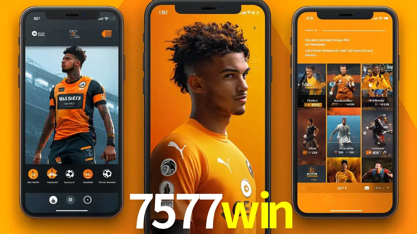 Interface do aplicativo de apostas esportivas 7577win em três telas de celular, mostrando o perfil de um jogador de futebol e a lista de jogos disponíveis para apostar.