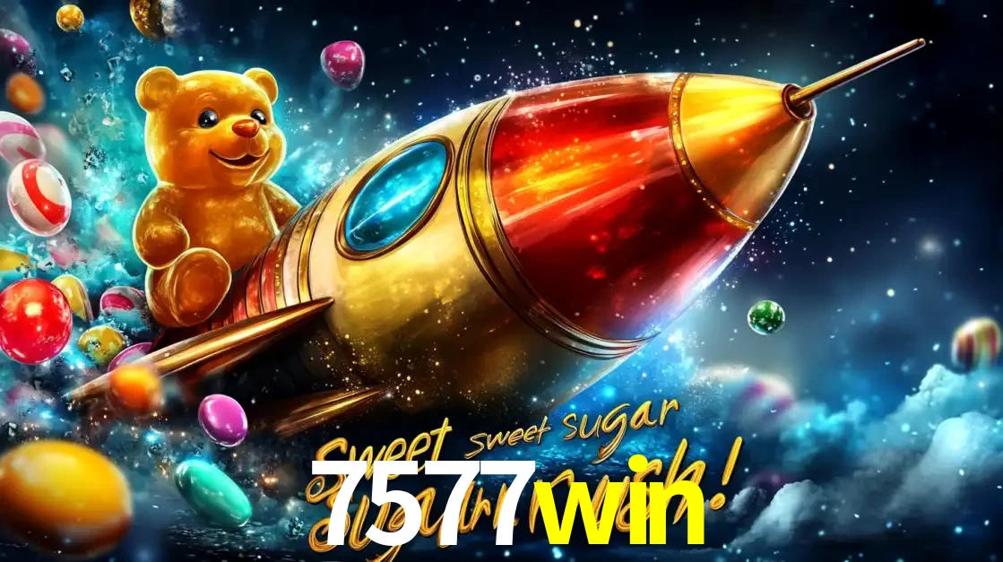 Arte promocional do jogo de slot Sugar Rush, com um urso de pelúcia em um foguete viajando pelo espaço de doces, um dos jogos divertidos disponíveis no cassino 7577win.