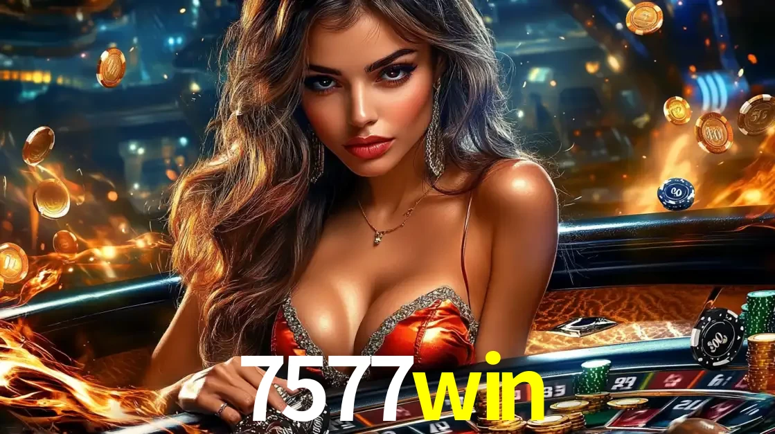 Mulher glamourosa em uma mesa de roleta com um fundo de chamas e moedas voadoras, pronta para fazer sua aposta e ganhar grandes prêmios no cassino ao vivo 7577win.