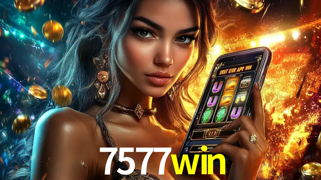 Mulher elegante mostrando um jogo de caça-níqueis em seu smartphone, destacando a experiência de cassino móvel oferecida pelo aplicativo 7577win.