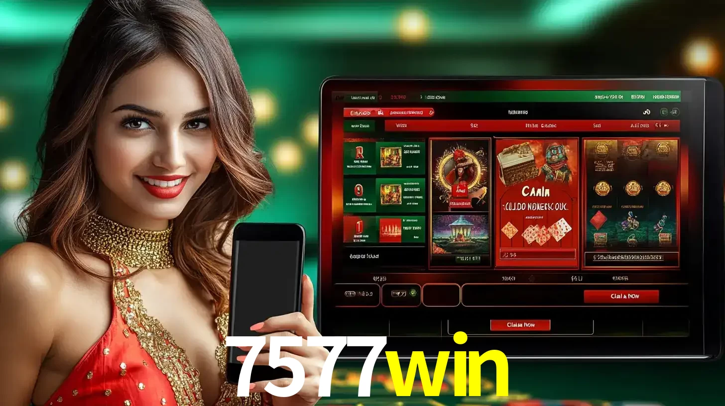 Mulher sorridente segurando um smartphone, ao lado de uma tela exibindo o lobby de jogos do cassino online 7577win, com várias opções de jogos de cartas e slots.